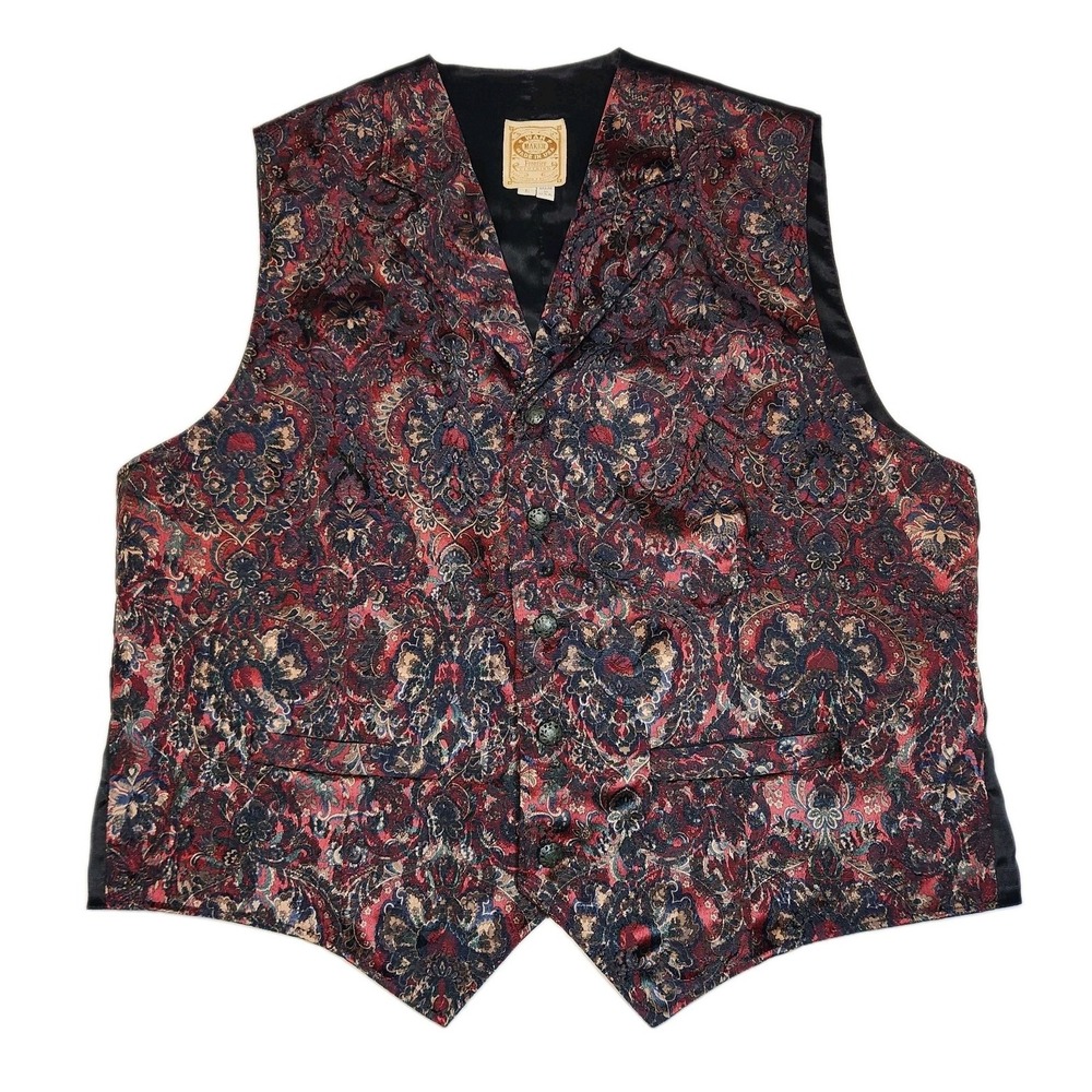 Vintage 90s Wah Maker Western Vest L Made USA Paisley Jacquard Cowboy Frontier